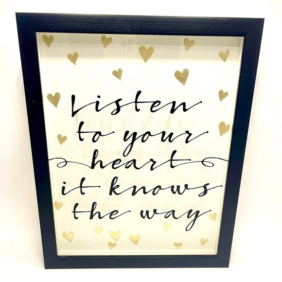 Listen to your Heart Framed Wall Decor Shadow Box 13.5x11” Black Gold White - Picture 2 of 4